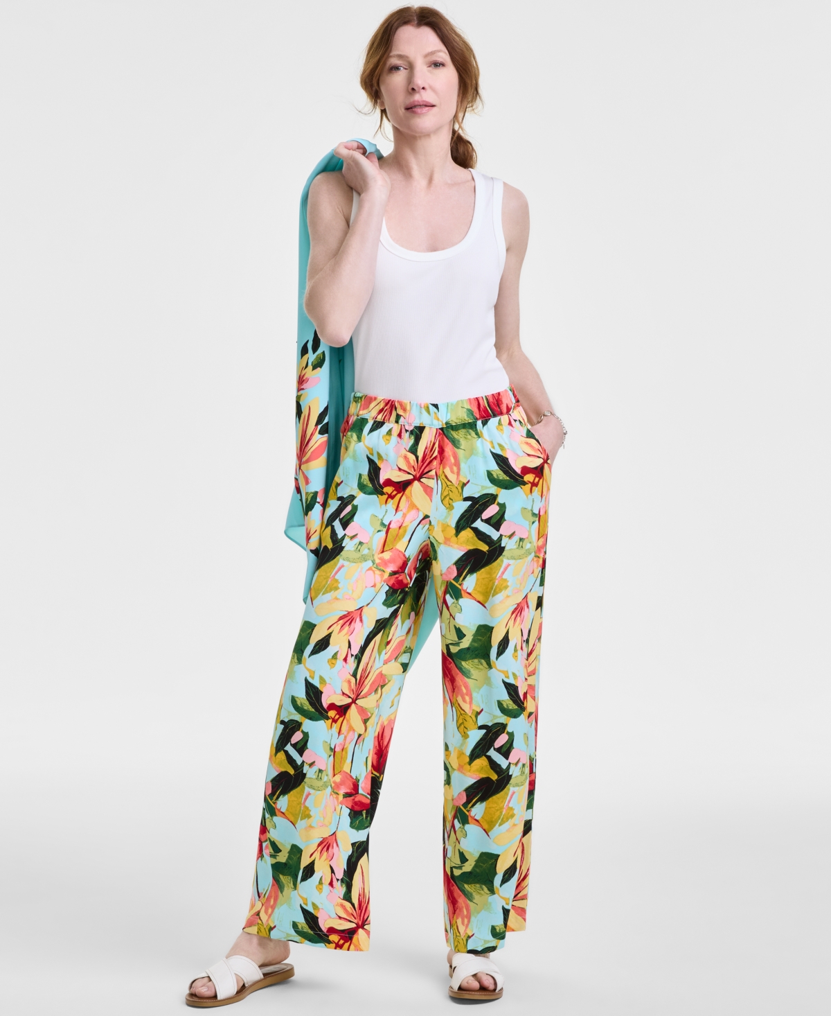 JM COLLECTION WOMEN'S PRINTED SATIN PULL-ON PANTS, EXCLUSIVELY AT MACY'S 