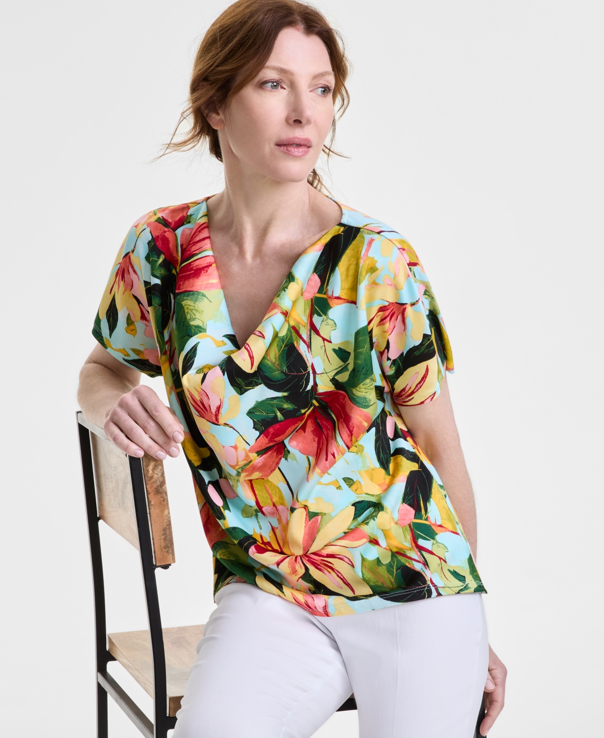 JM COLLECTION WOMEN'S PRINTED COWL NECK MIXED-MEDIA TOP, EXCLUSIVELY AT MACY'S 