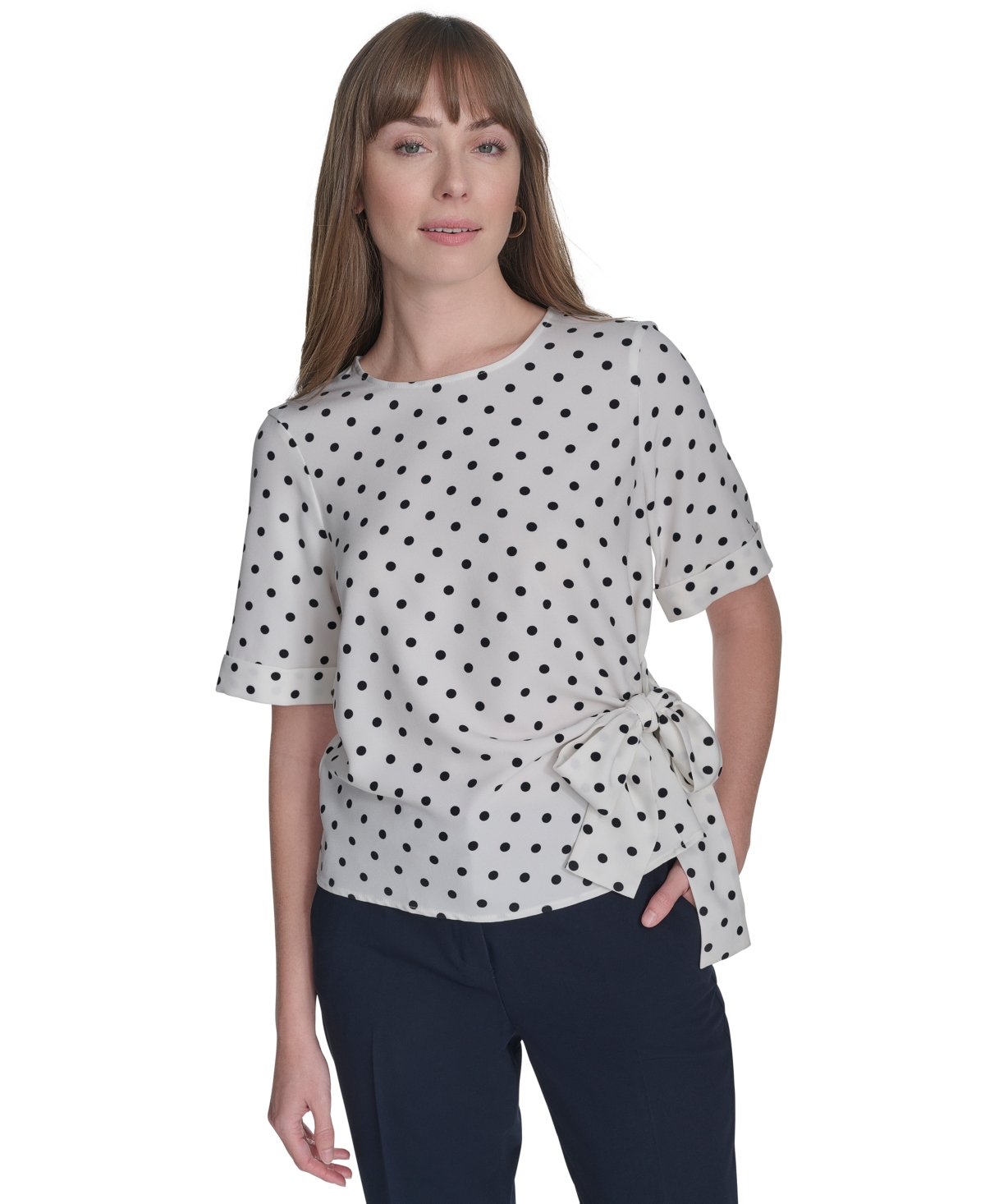 Tommy Hilfiger Women's Dot-print Tie-front Blouse In Ivory,midnight
