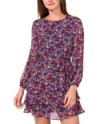 Petite Floral Print Blouson-Sleeve Fit & Flare Dress