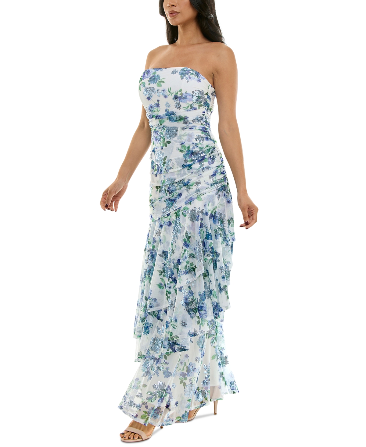 Emerald Sundae Juniors' Sequin Embellished Floral Print Ruffled Strapless Gown, Created For Macy's In Ivory,blue