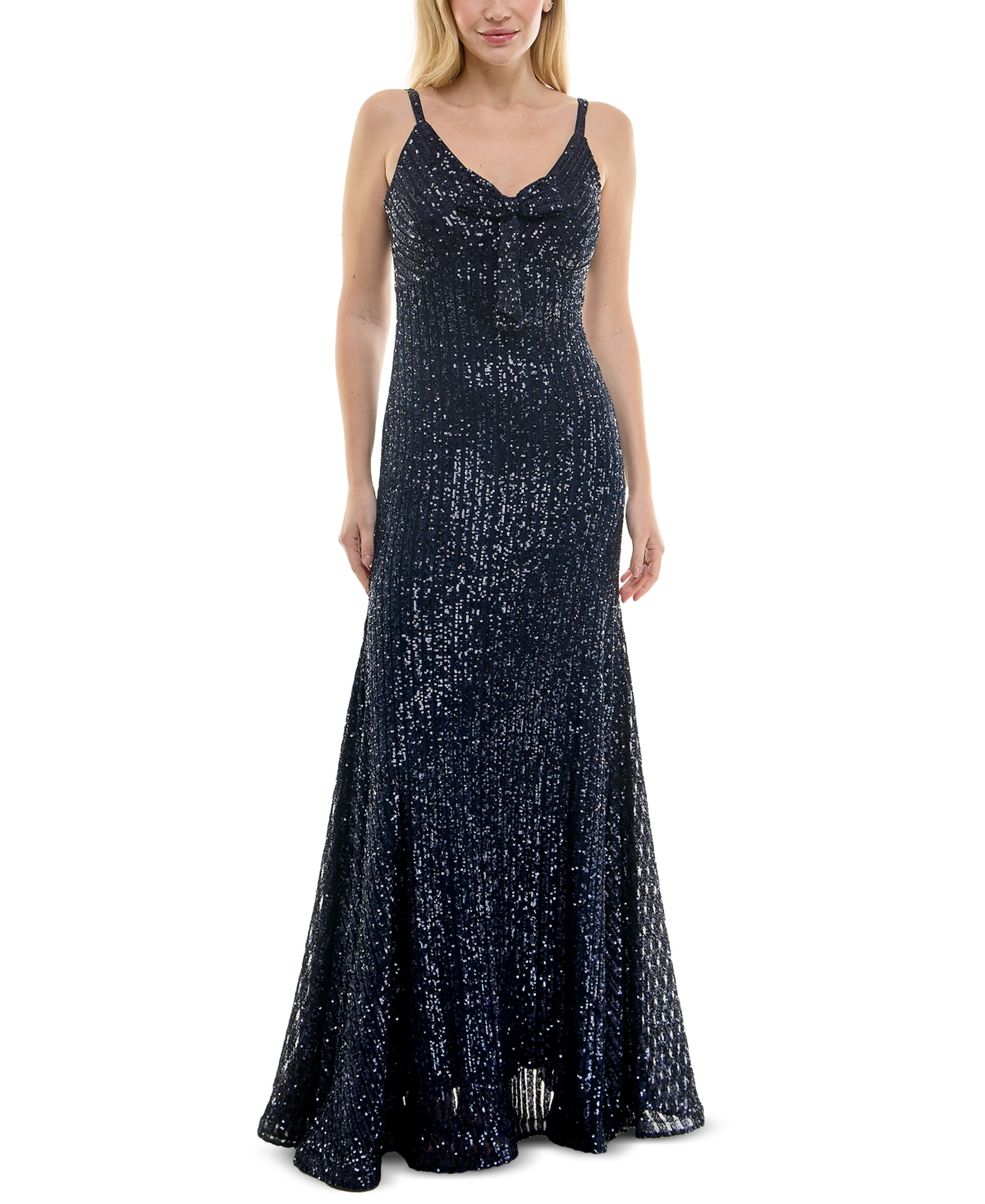 Women's Sequined Bow-Trim V-Neck Sleeveless Gown - Navy