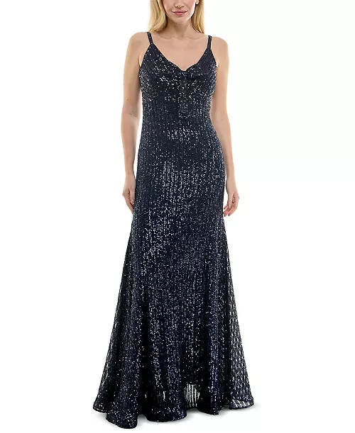 women's sequined bow-trim v-neck sleeveless gown