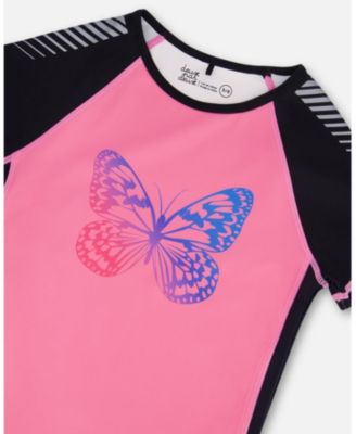 Girls Printed Short Sleeve Athletic Top Pink With Butterflies