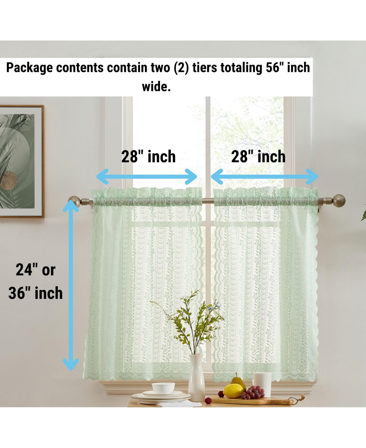 Hlc.me Sophia Floral Rod Pocket Lace Semi Sheer Voile Short Cafe Tiers for Small Windows - 28 x Inch Length (Seafoam Green Tiers