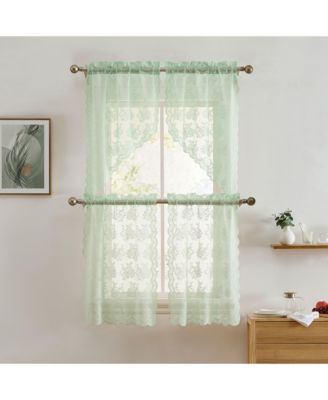 Jolene Floral Rod Pocket Lace Semi Sheer Voile Short Cafe Tiers for Small Windows - 28 x 36 Inch Length (Seafoam Green Tiers, Set of 2)