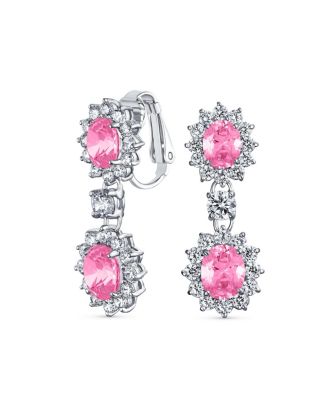 Crown Halo Pave Cubic Zirconia CZ Drop Dangling Oval Chandelier Clip On Earrings Statement Non-Pierced