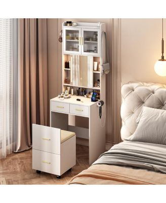 Small Vanity Desk with Mirror and LED Lights – Compact Makeup Table with Charging Station and Storage Shelves for Small Spaces