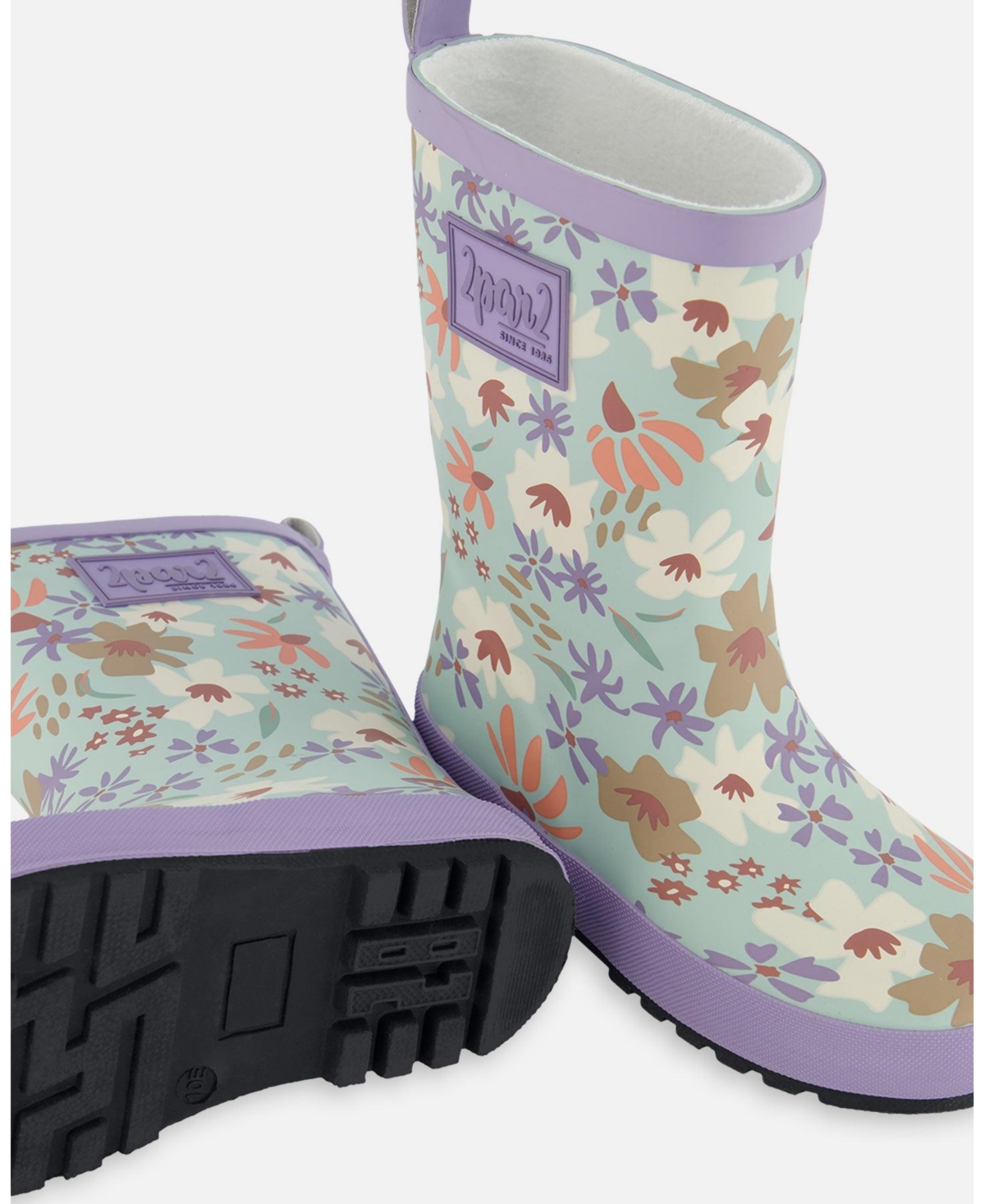 Deux par Deux Little Girls Printed Rain Boots Small White Flowers On Turquoise And Lilac