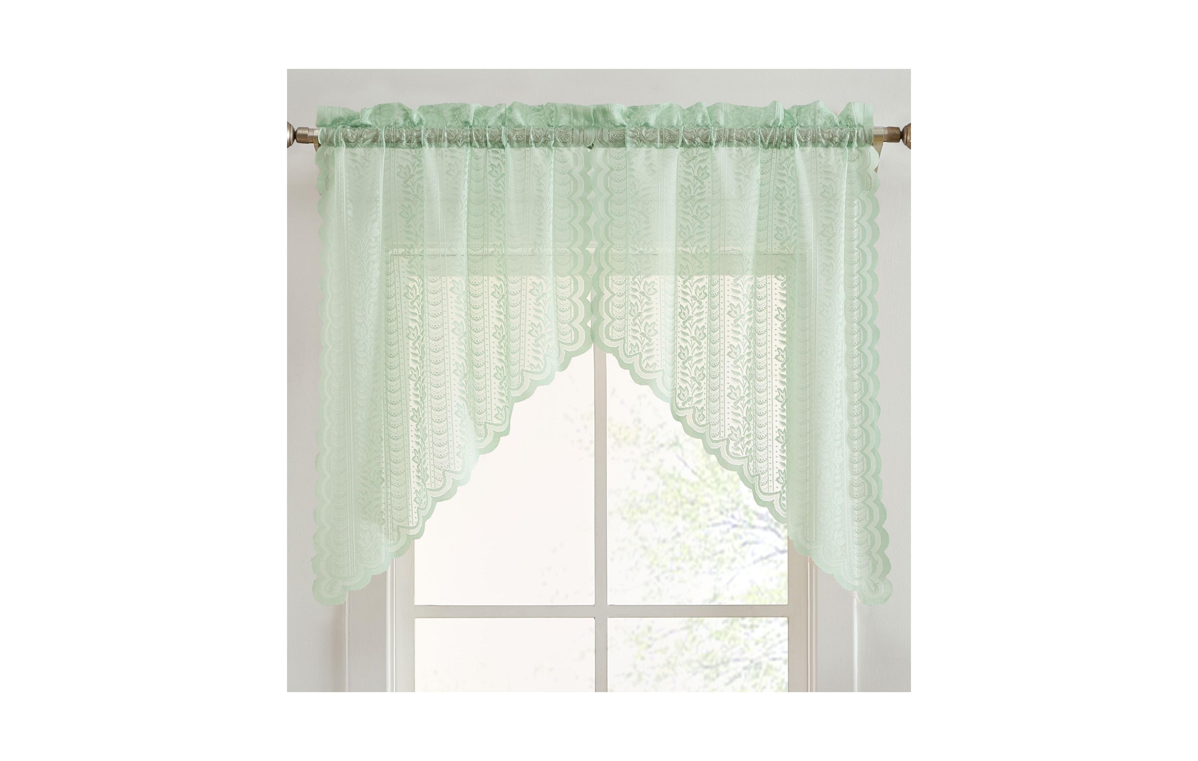 Hlc.me Sophia Floral Rod Pocket Lace Short Cafe Swags for Small Windows - 28 x 36 Inch Length (Seafoam Green Swags, Set of 2)