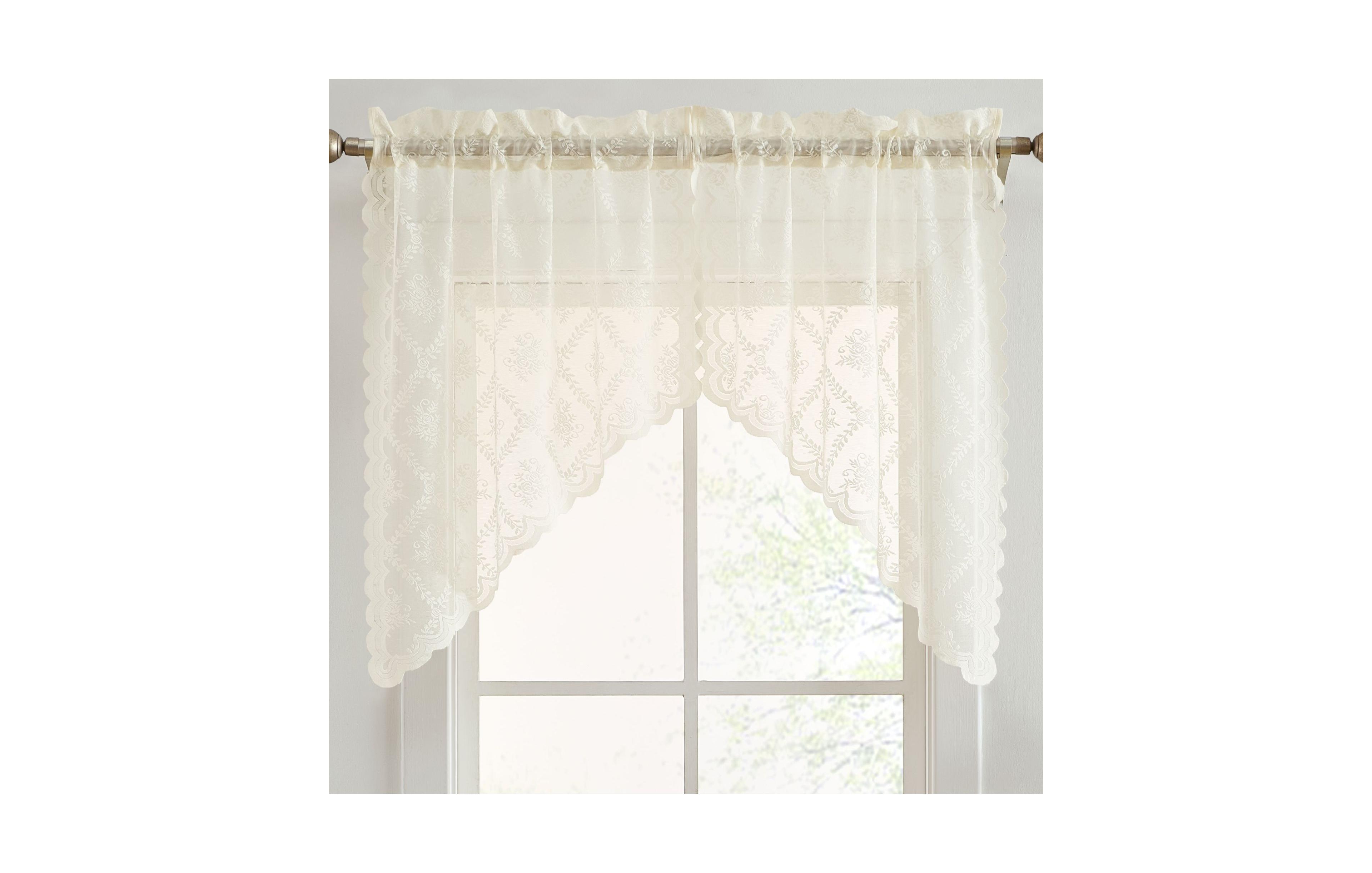 Hlc.me Isabella Floral Rod Pocket Lace Short Cafe Swags for Small Windows - 28 x 36 Inch Length (Ivory Swags, Set of 2)