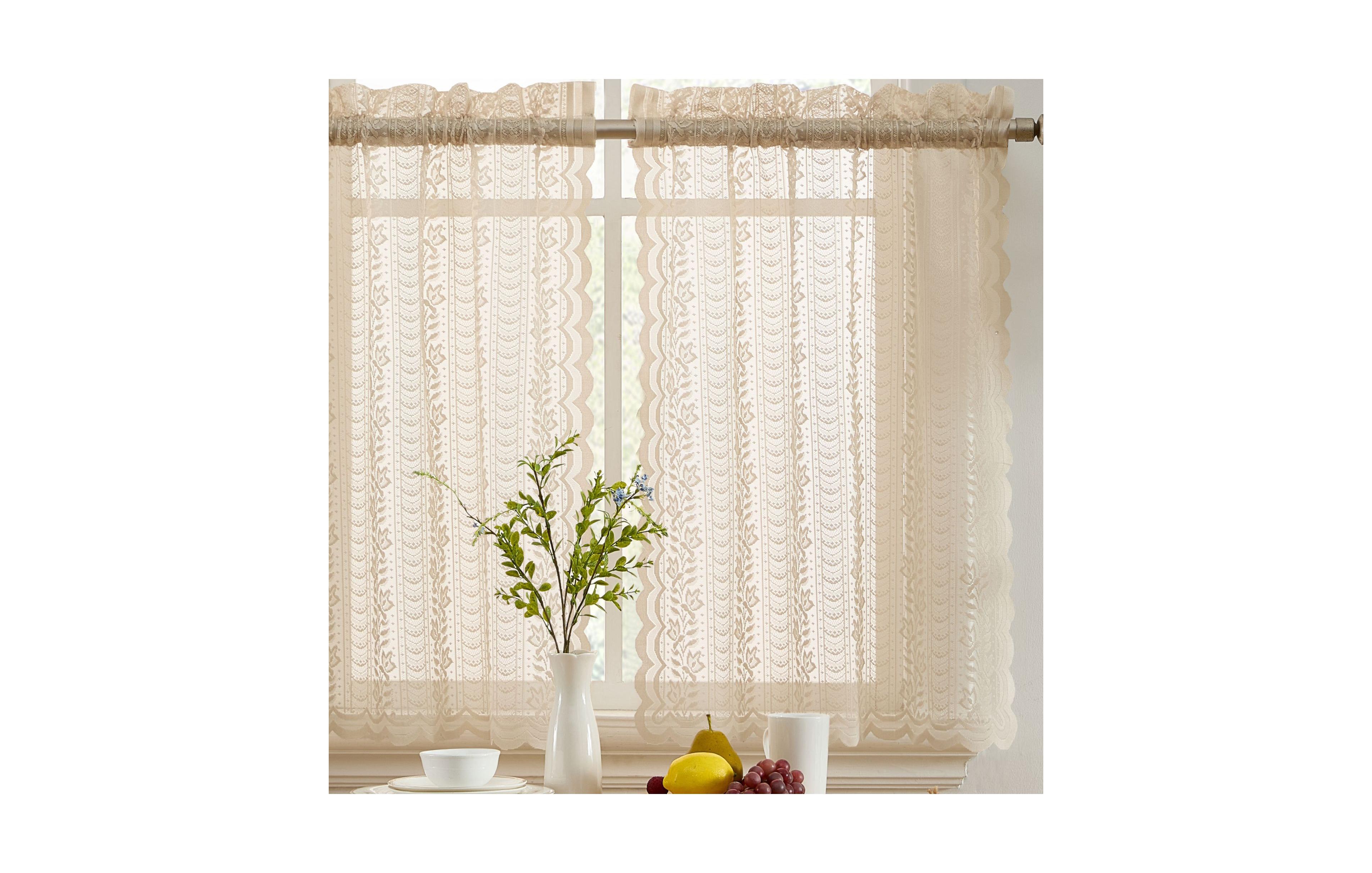 Hlc.me Sophia Floral Rod Pocket Lace Semi Sheer Voile Short Cafe Tiers for Small Windows - 28 x 24 Inch Length (Taupe Tiers, Set of 2)