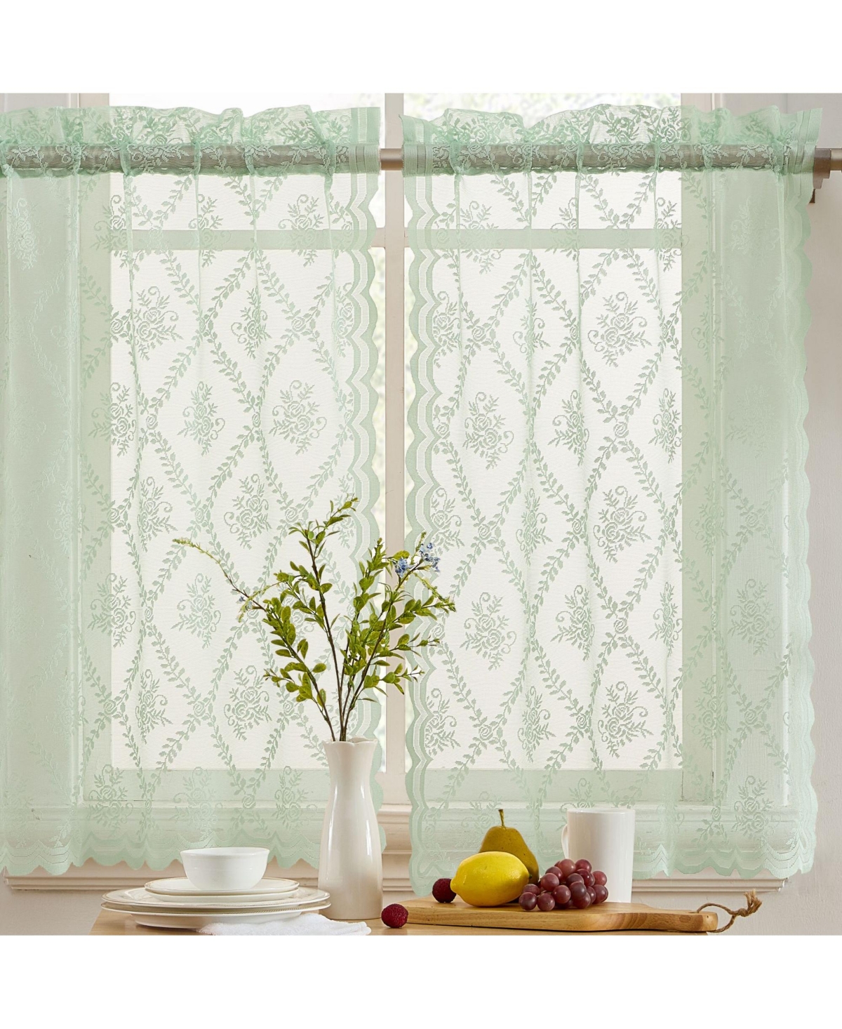 Hlc.me Isabella Floral Rod Pocket Lace Semi Sheer Voile Short Cafe Tiers for Small Windows - 28 x Inch Length (Seafoam Green Tiers