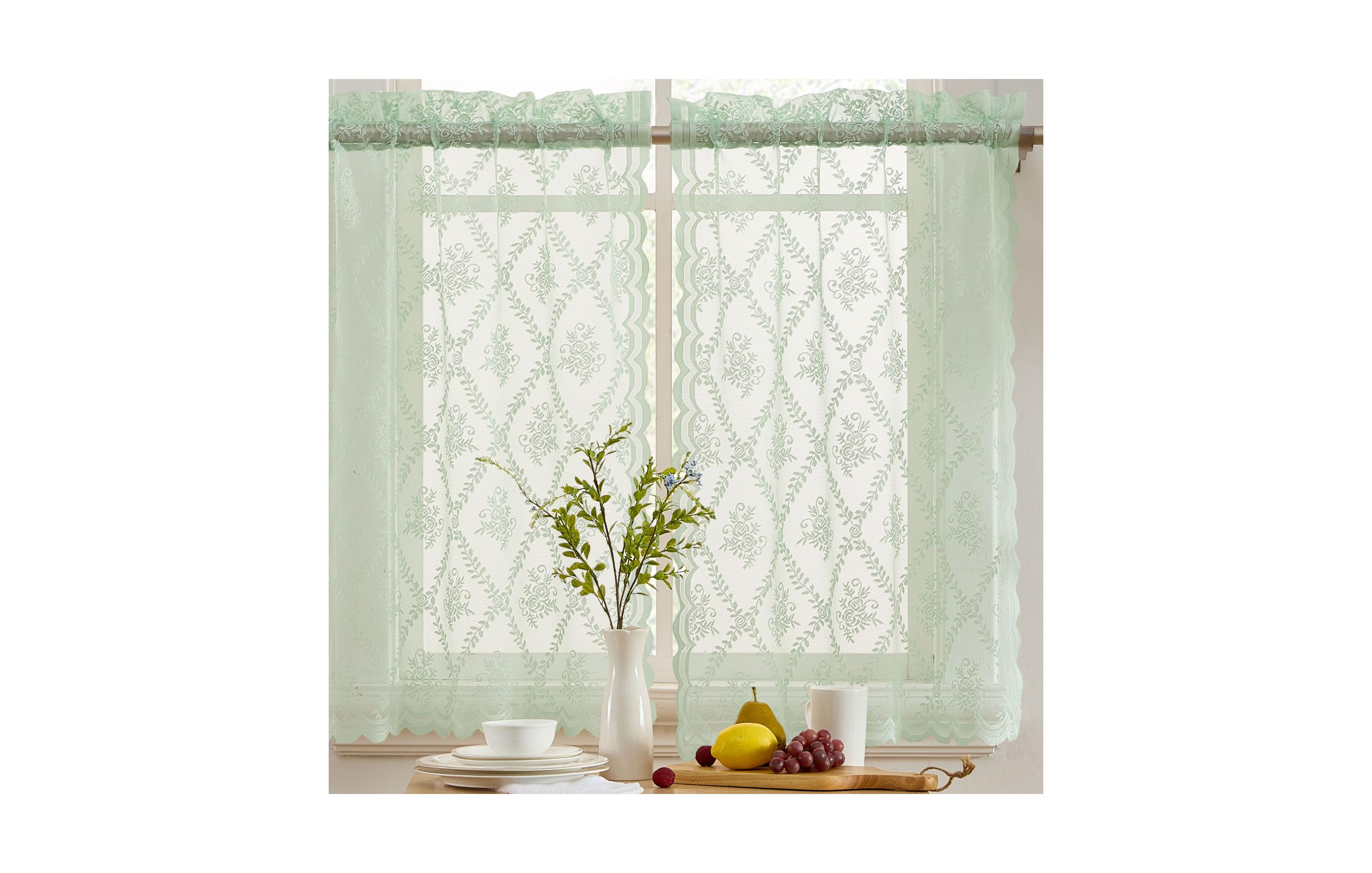 Hlc.me Isabella Floral Rod Pocket Lace Semi Sheer Voile Short Cafe Tiers for Small Windows - 28 x 24 Inch Length (Seafoam Green Tiers, Set of 2)
