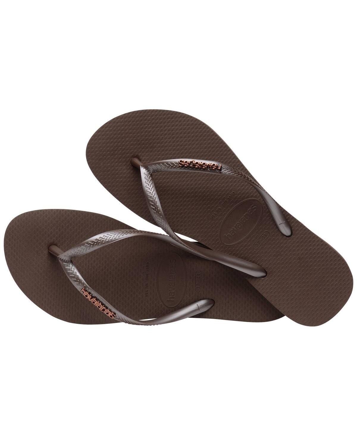 Shop Havaianas Women's Slim Logo Metallic Round Toe Sandals In Dark Brown