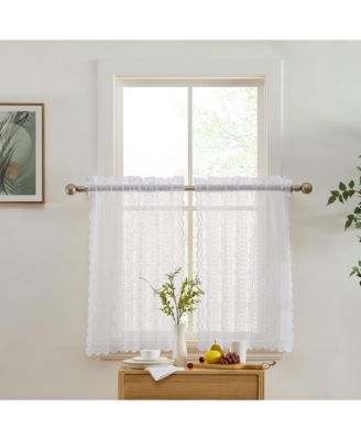 Sophia Floral Rod Pocket Lace Semi Sheer Voile Short Cafe Tiers for Small Windows - 28 x 24 Inch Length (White Tiers, Set of 2)