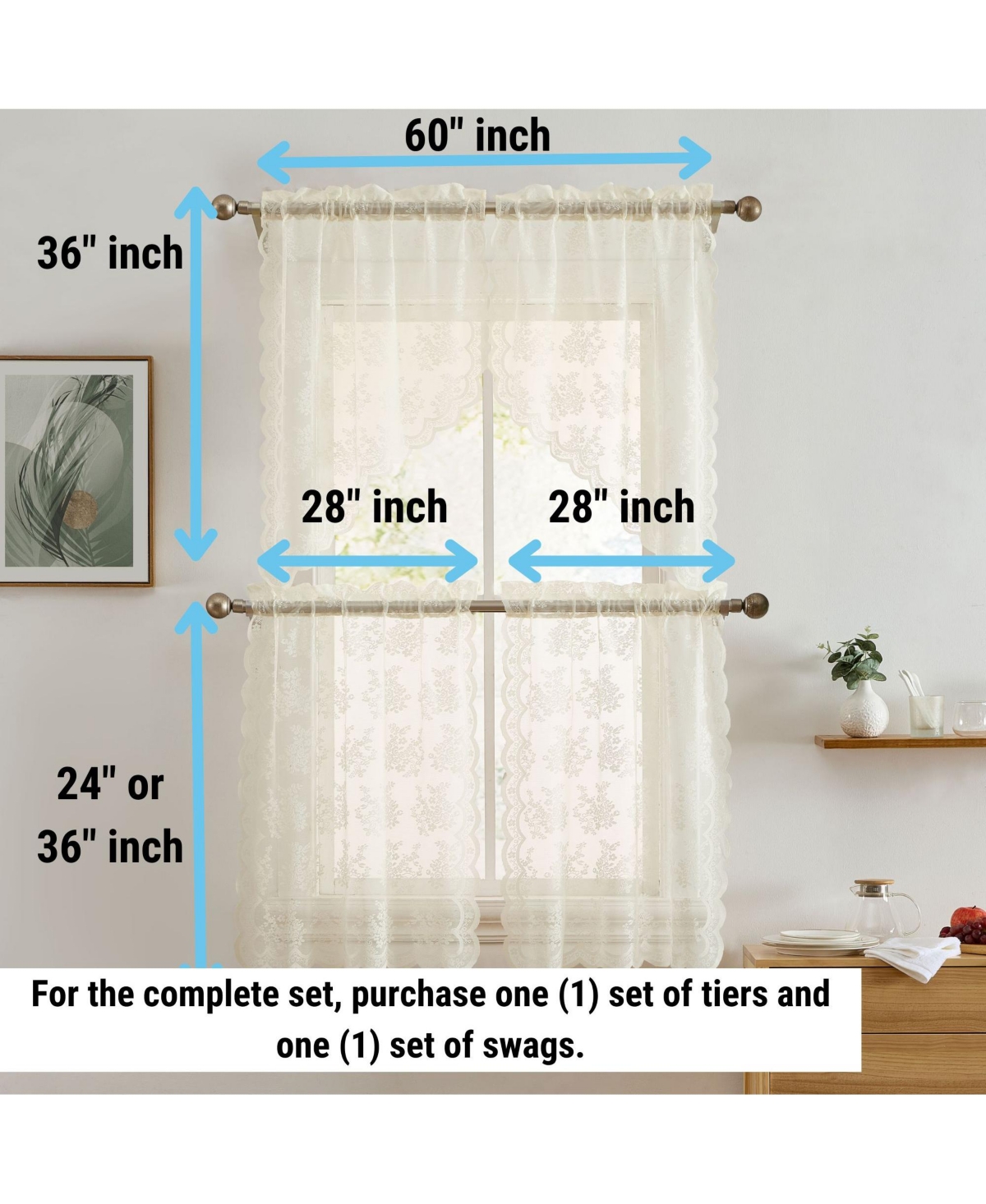 Hlc.me Jolene Floral Rod Pocket Lace Semi Sheer Voile Short Cafe Tiers for Small Windows - 28 x Inch Length ( Tiers