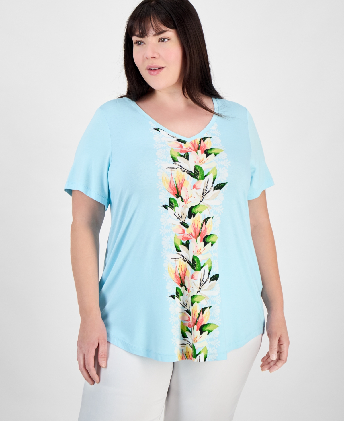 JM COLLECTION PLUS SIZE V-NECK SHORT-SLEEVE TOP, EXCLUSIVELY AT MACY'S 