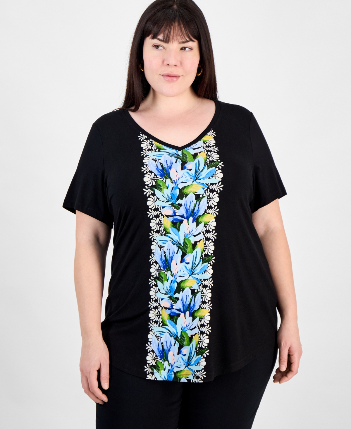 Jm Collection Plus Size V-neck Short-sleeve Top, Exclusively At Macy's In Deep Black