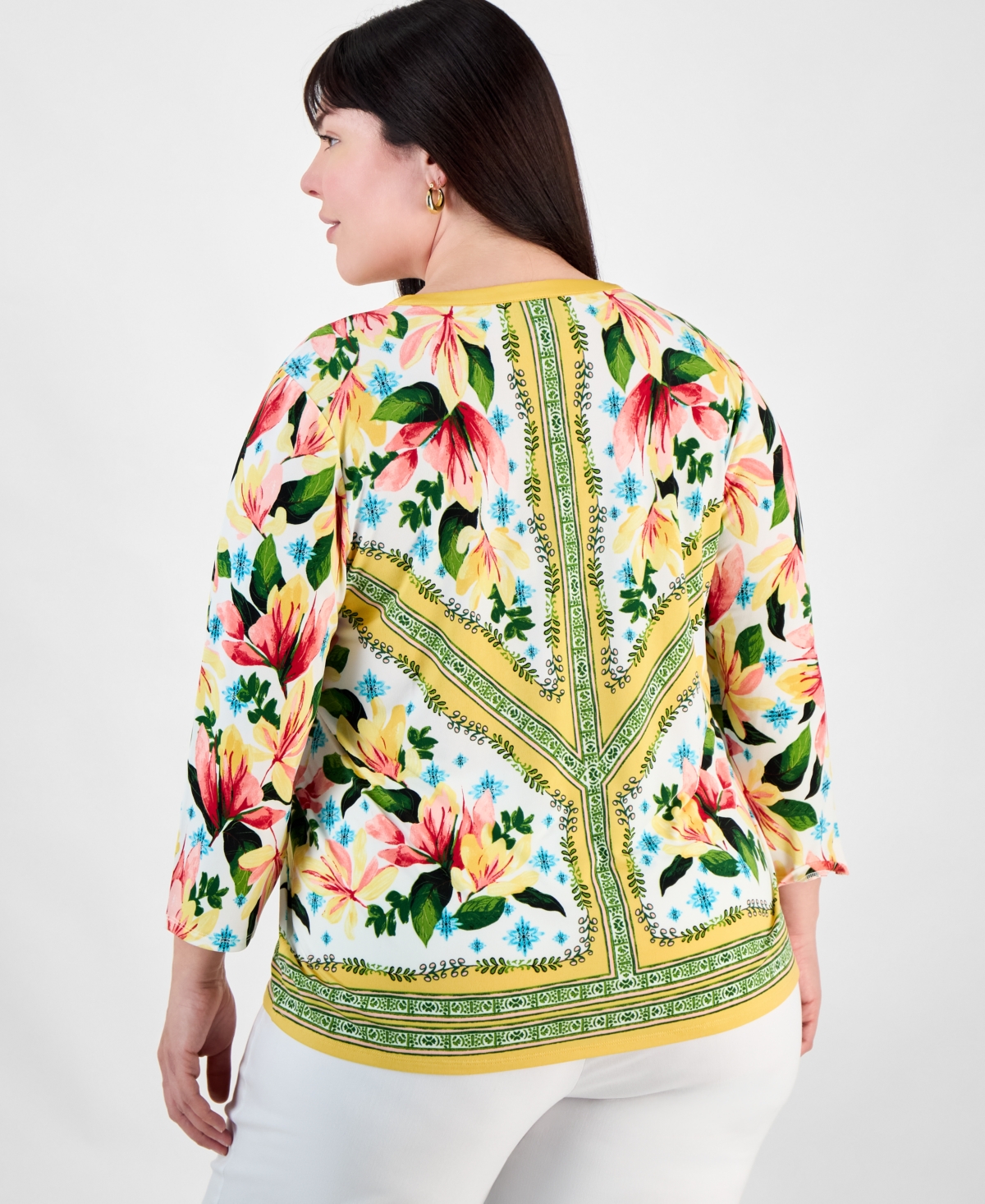JM COLLECTION PLUS SIZE PRINTED 3/4-SLEEVE TOP, EXCLUSIVELY AT MACY'S 
