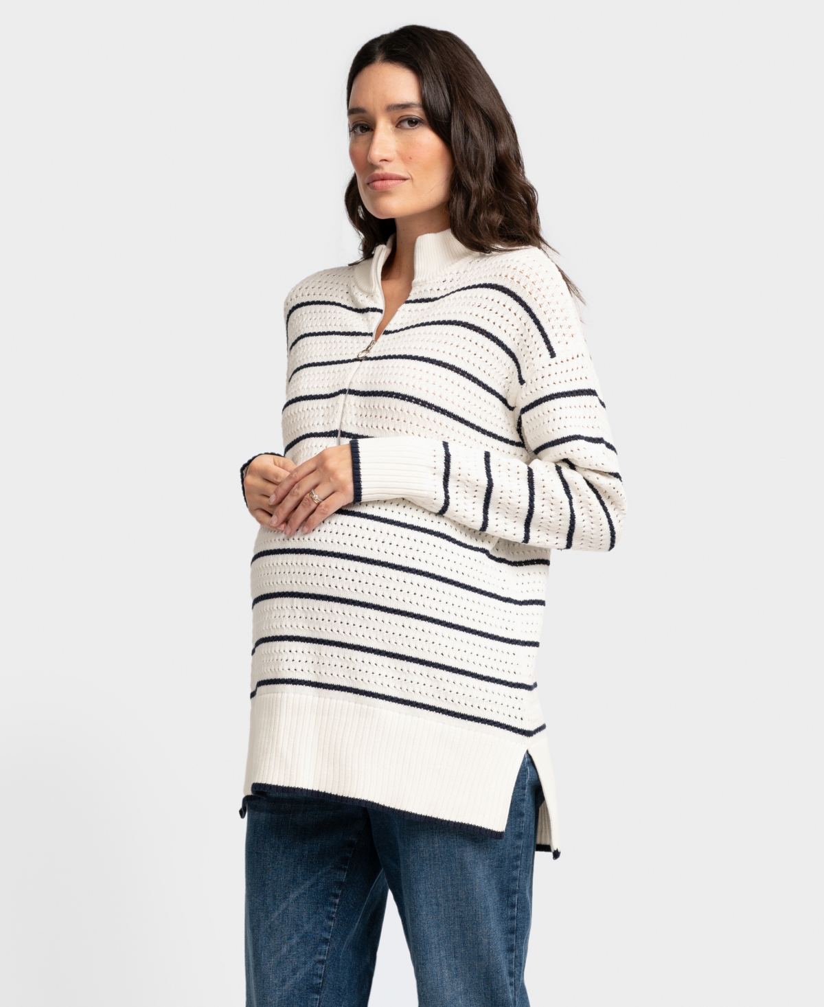 Shop Seraphine Women's Maternity Lace Stitch Sweater In Navy,ivory