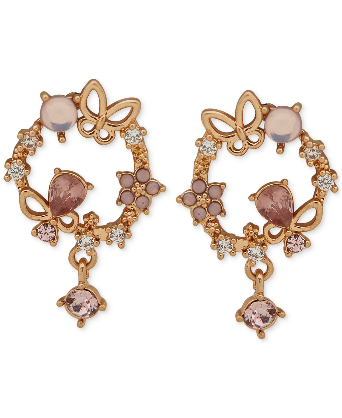 Gold-Tone Glass Stone & Cubic Zirconia Meadow Motif Circle Drop Earrings - Pink