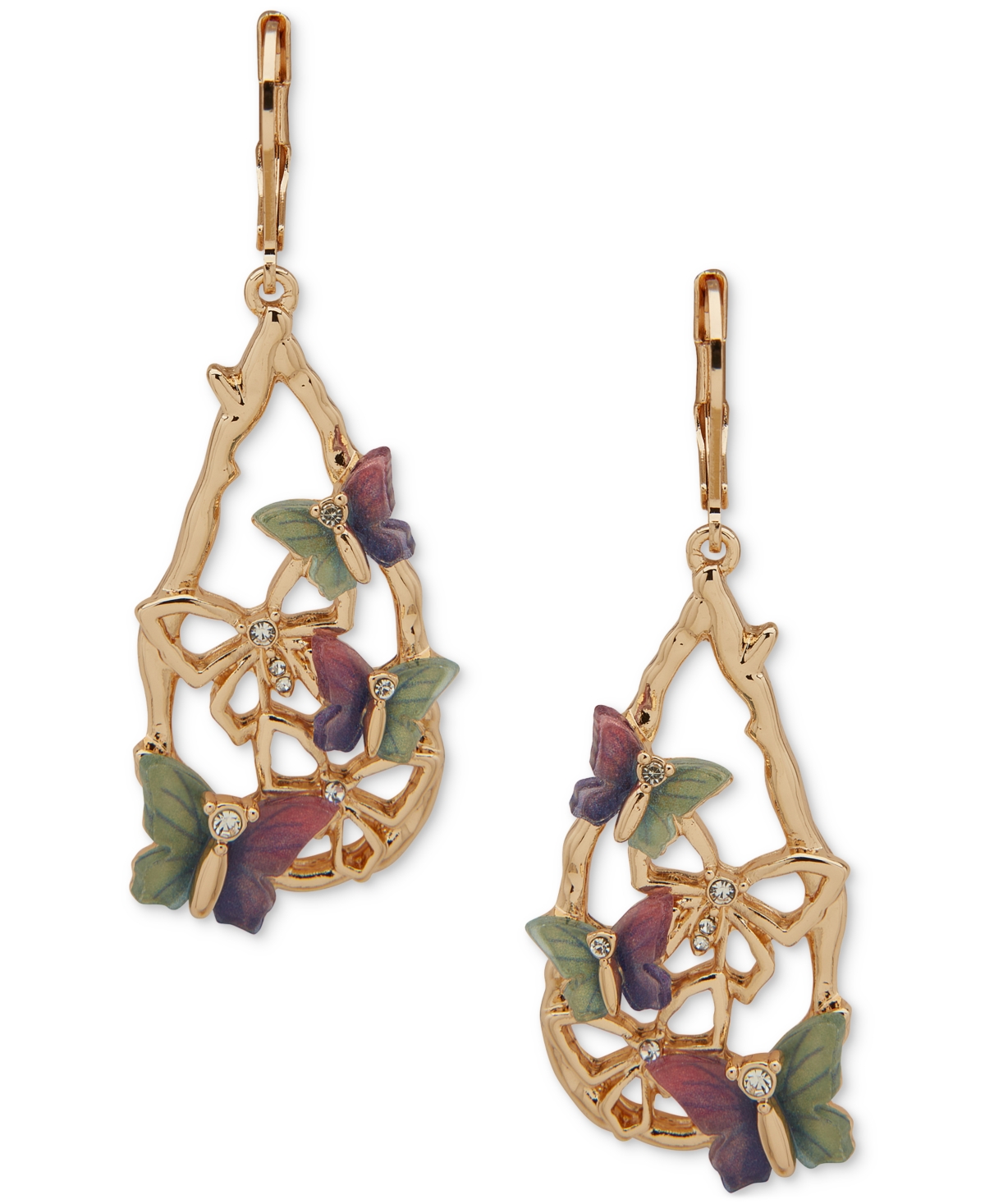 Gold-Tone Glass Stone Butterfly Openwork Drop Earrings - Open