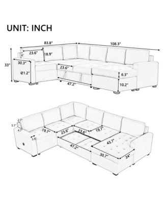 3-Piece Fabric Sectional Sofa – Pull-out Sleeper Bed, Lounge Chair, USB & Type-C Ports – Living Room/Office Furniture