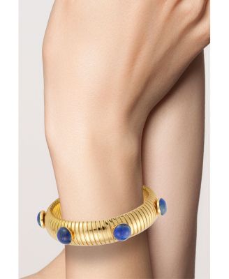 Gold Plated Bold Tubogas Bangle Bracelet with Synthetic Lapis