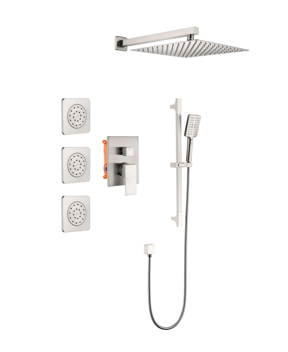 Shower System with Shower Head, Hand Shower, Slide Bar, Bodysprays, Shower Arm, Hose, Valve Trim, and Lever Handles - Silver