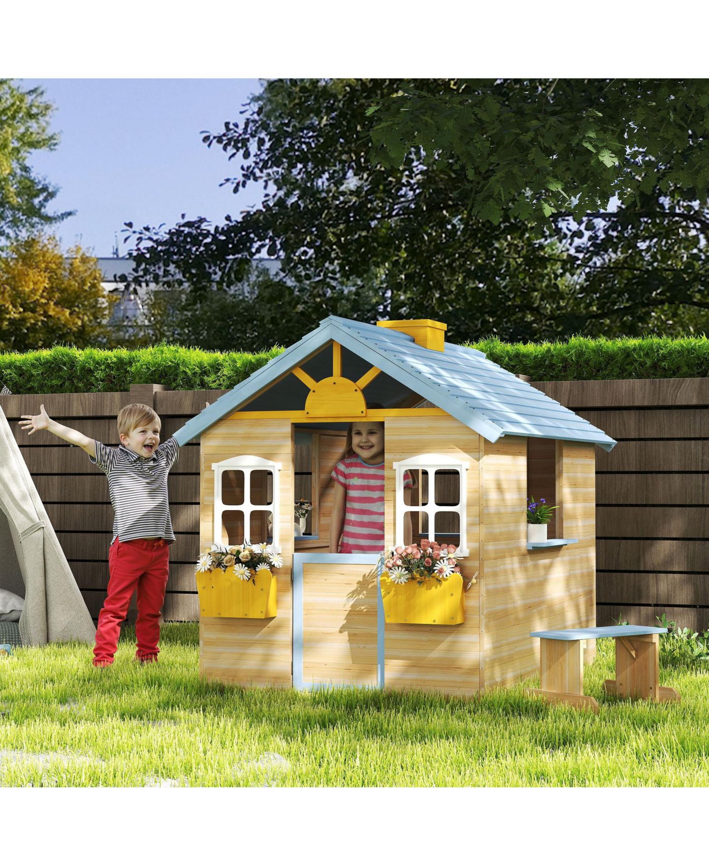 Детская игрушка Outsunny Outdoor Wooden Playhouse, Ages 3+, цвет: Синий — фото 2