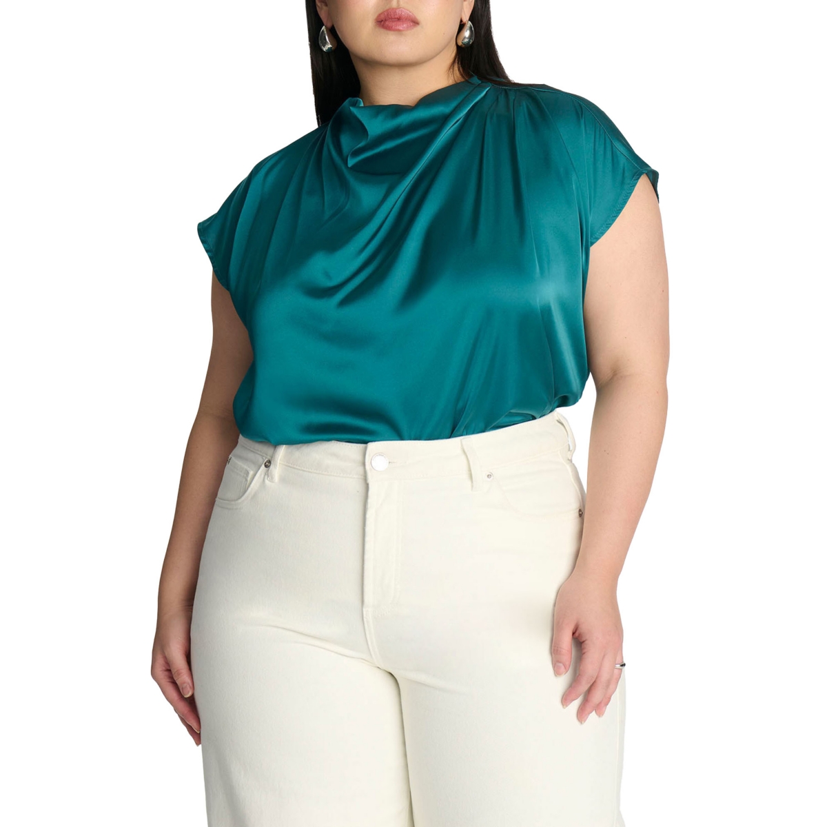 Plus Size Pleat Detail Satin Shirt - Dark aquamarine