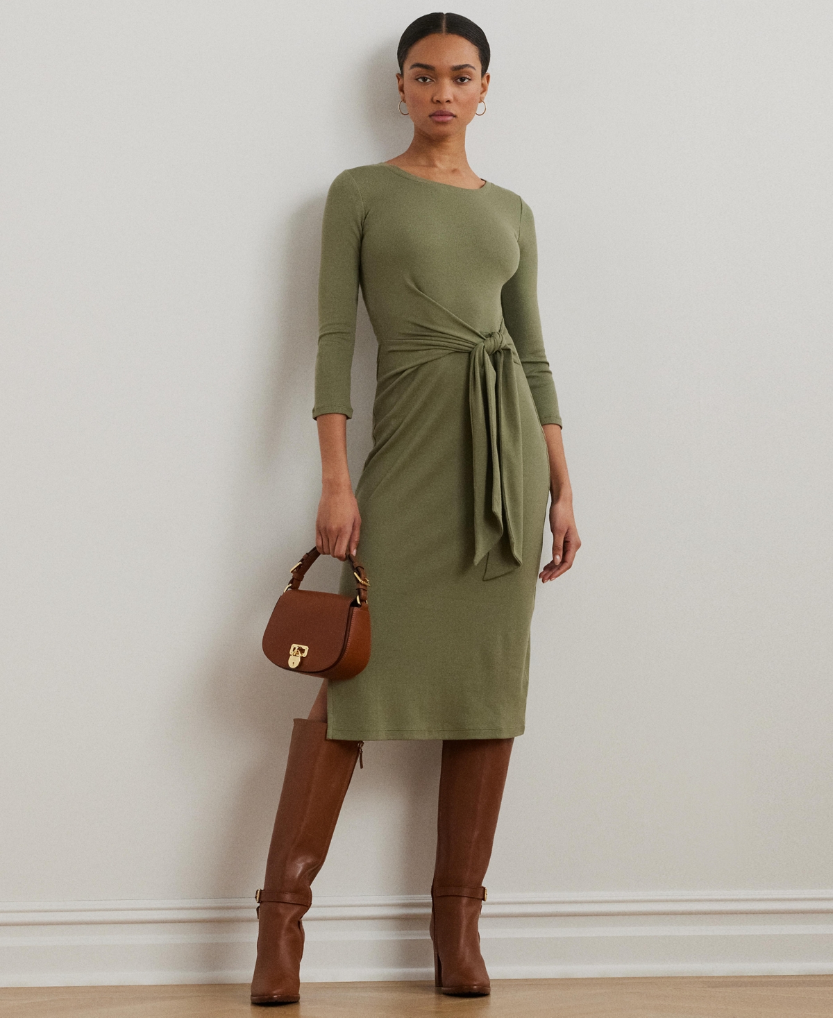RALPH LAUREN WOMEN'S TIE-FRONT COTTON-BLEND CREWNECK DRESS 