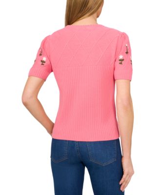 Женский хлопчатобумажный свитер с круглым вырезом и цветочной вышивкой с коротким рукавом от CeCe