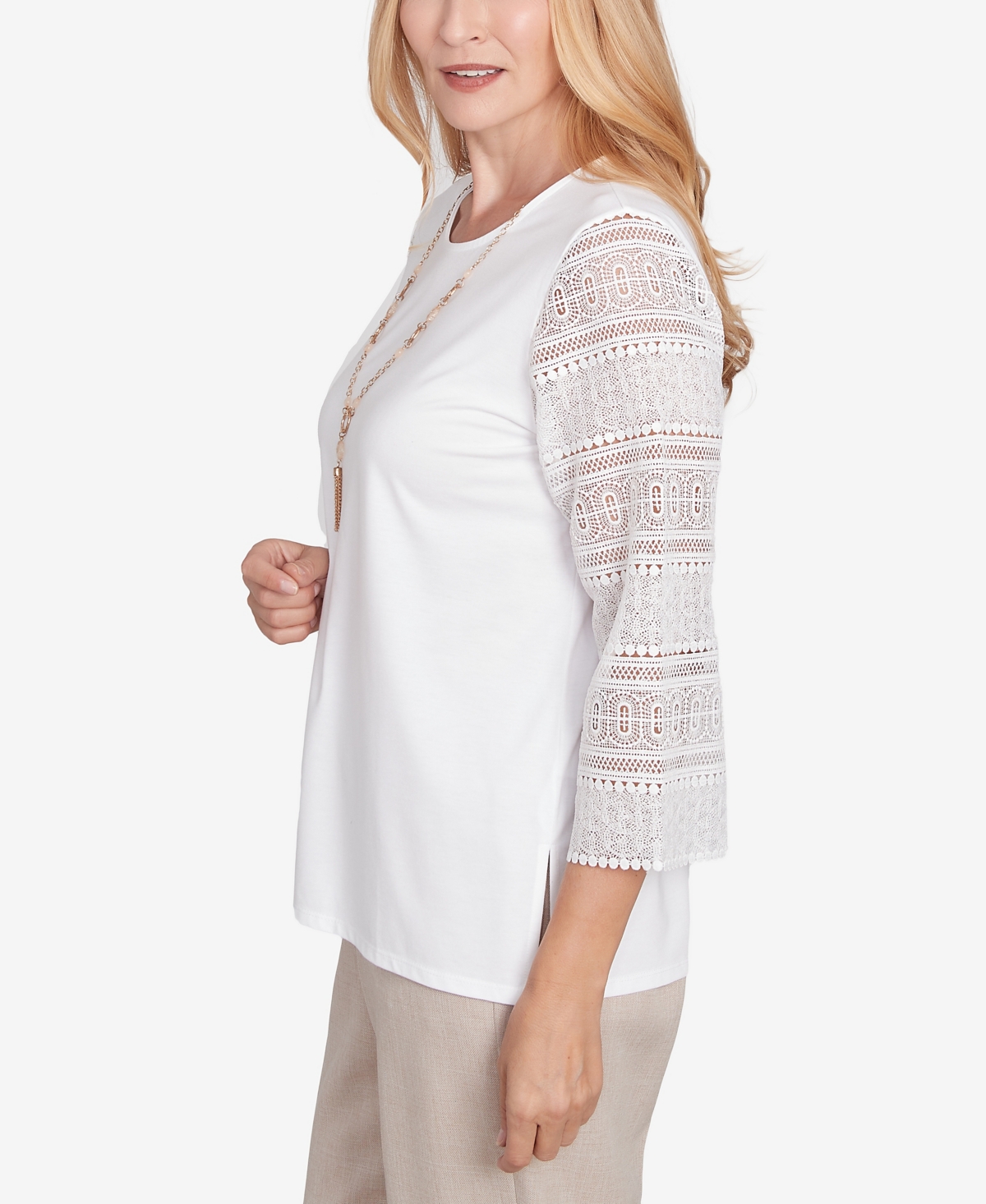 Alfred Dunner Petite Kensington Gardens Solid Lace Sleeve Knit Top With Necklace In Ivory