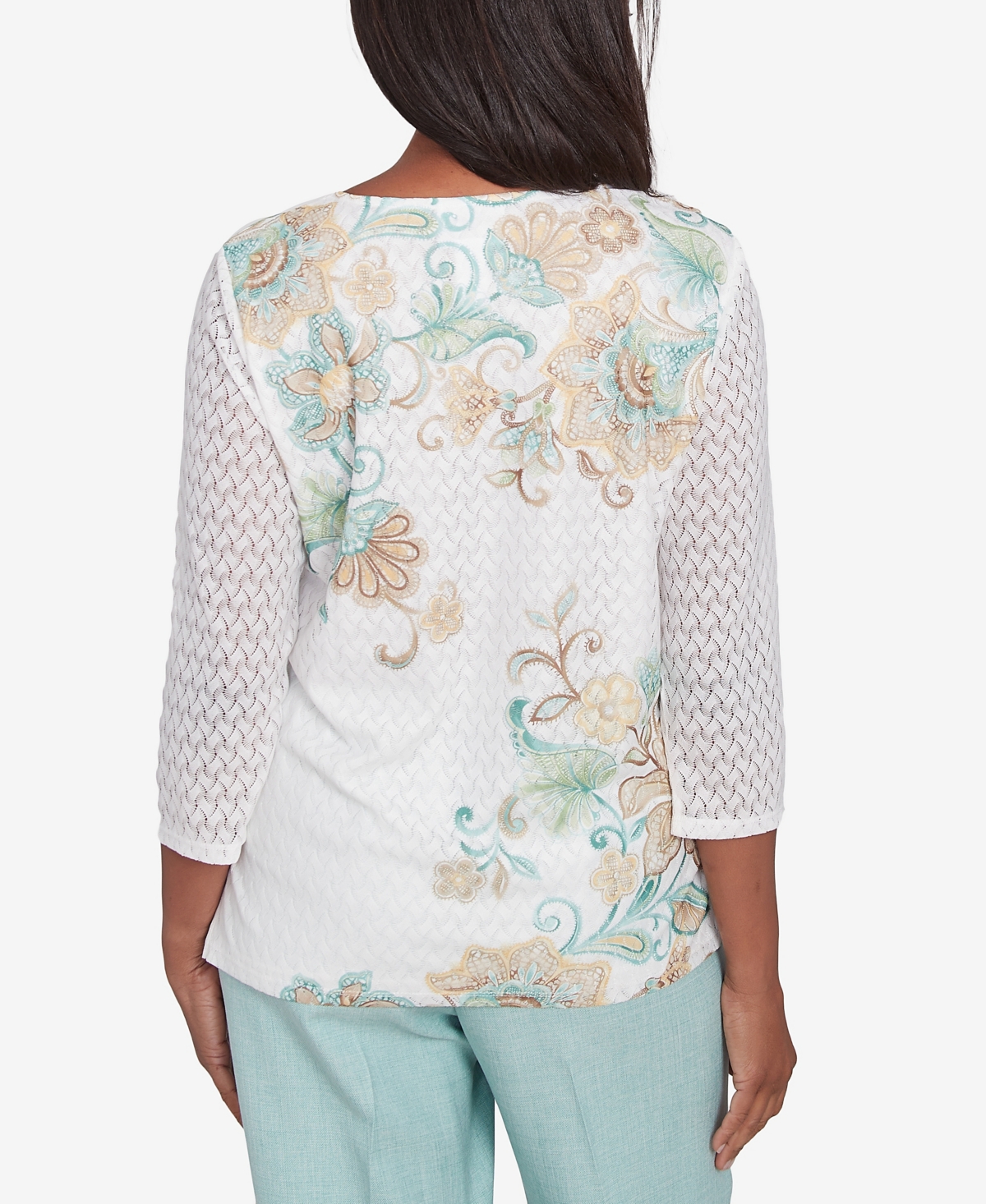 Alfred Dunner Petite Kensington Gardens Textured Knit Scroll Split Neck Top In Neutral Multi