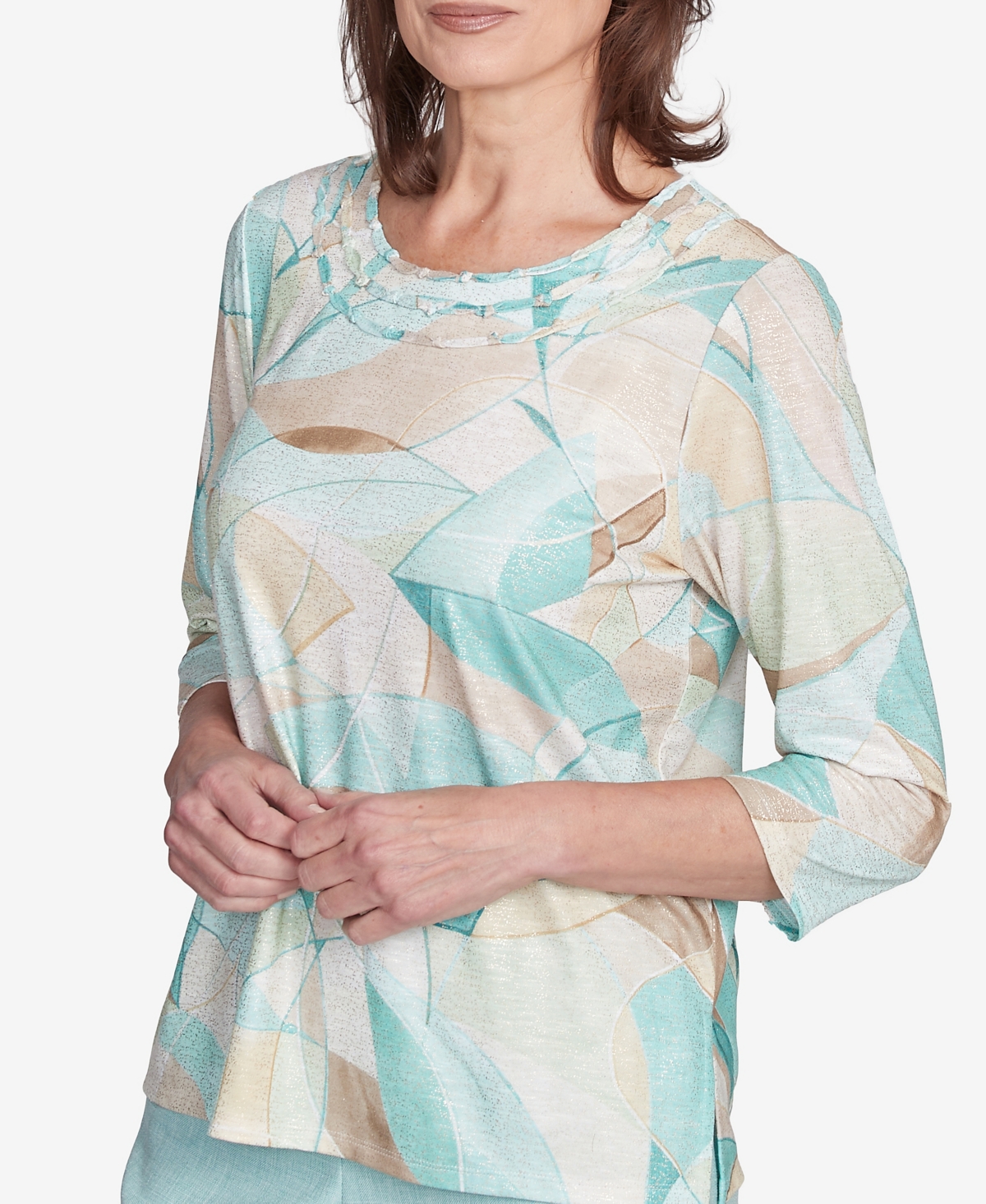 Alfred Dunner Women's Kensington Gardens Stained Glass Crew Neck Top In Neutral Multi