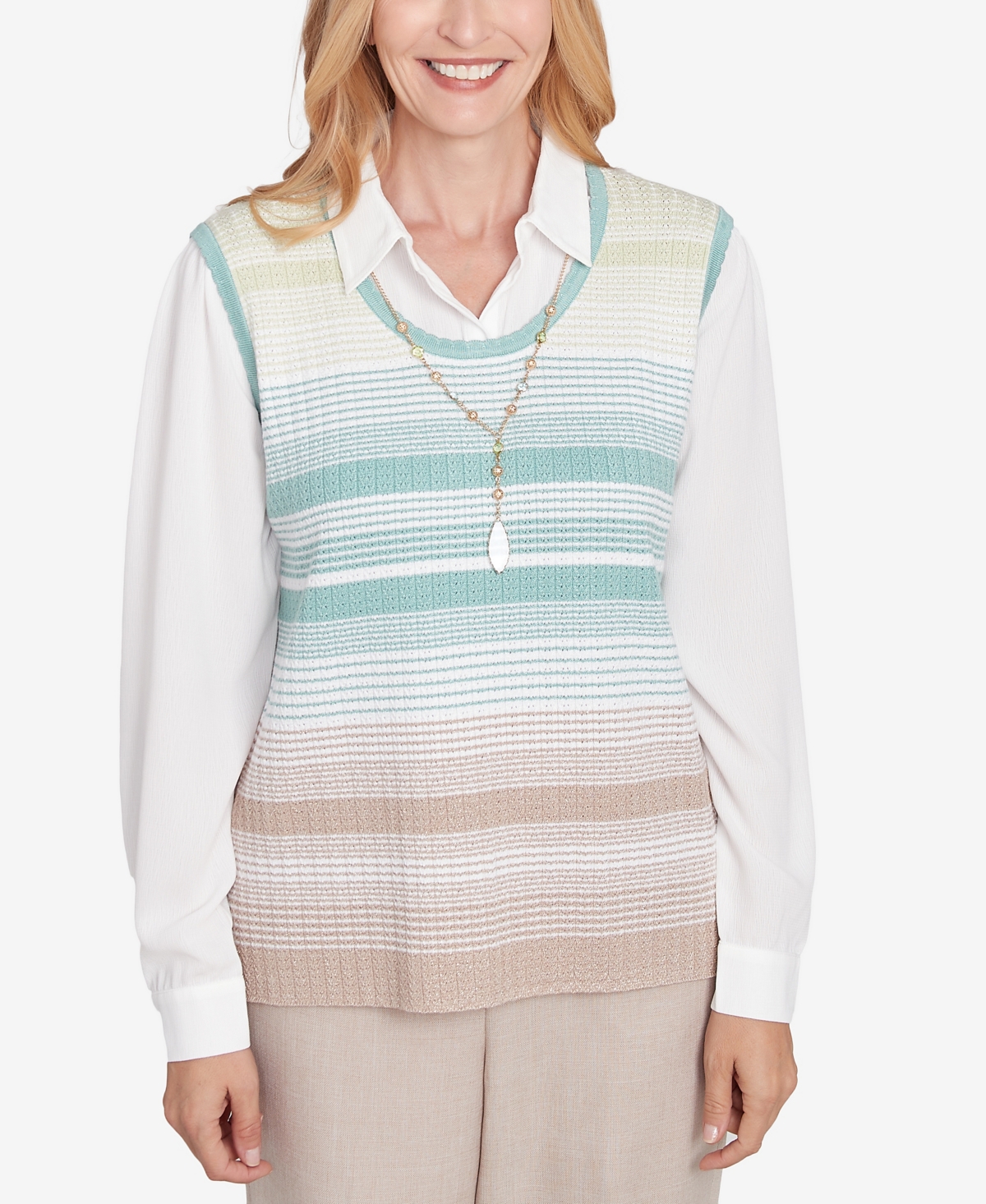 Women's Kensington Gardens Striped Vest Collared Two in One Sweater with Necklace - Neutral Multi