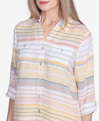 Women's Dress Code Button Down Striped Cuffed Sleeve Top
