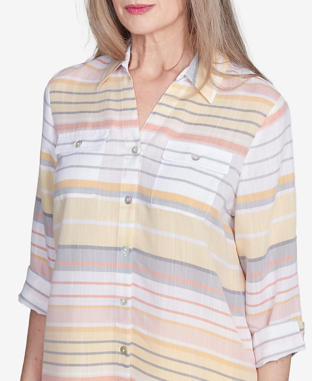 Alfred Dunner Petite Dress Code Button Down Striped Cuffed Sleeve Top In Multi Yellow