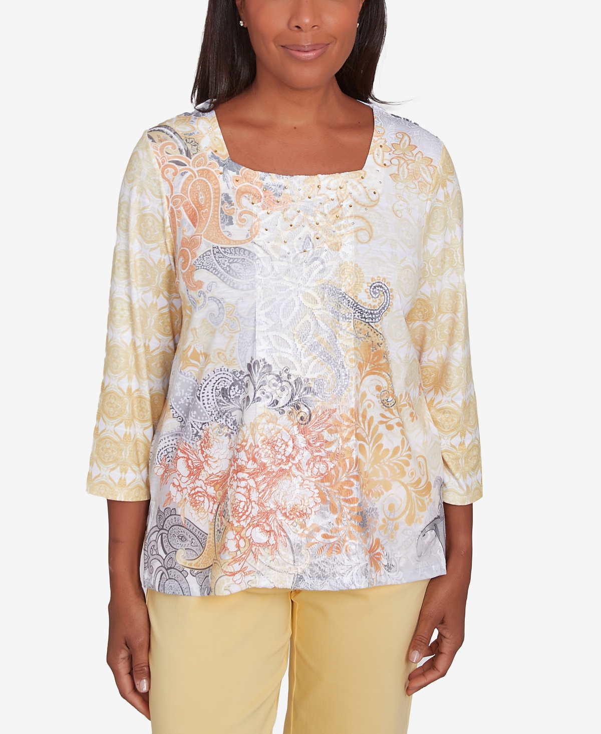 Women's Dress Code Square Neck Paisley Geometric Top - Multi Yellow