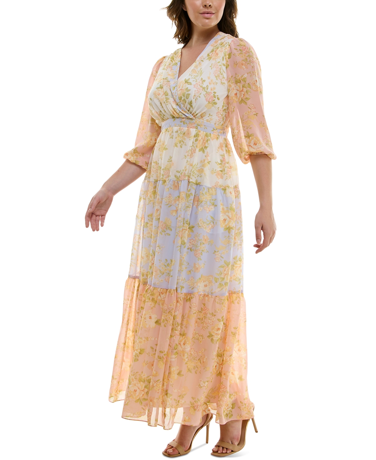 TAYLOR PLUS SIZE PRINTED BLOUSON-SLEEVE MAXI DRESS 
