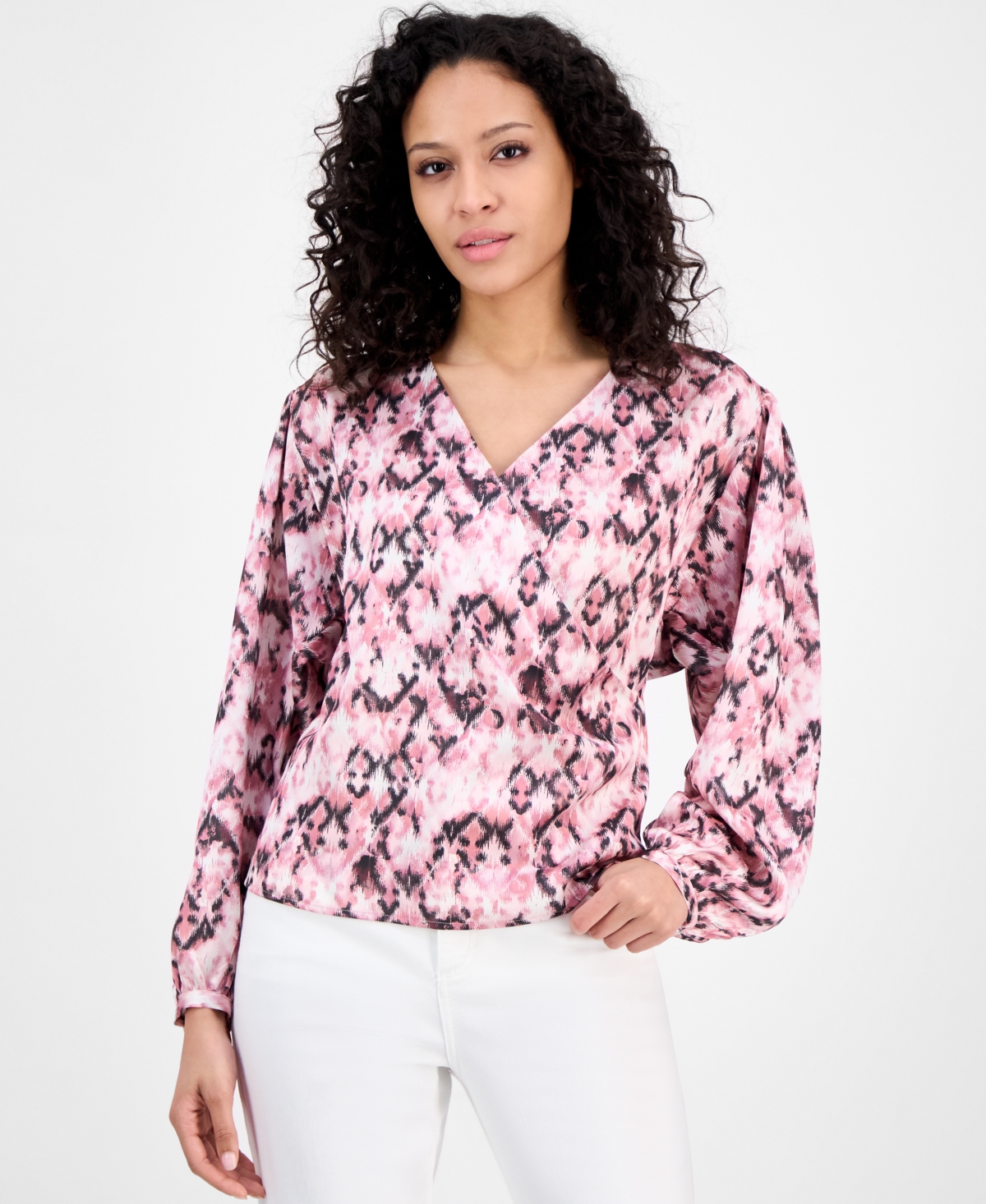 Women's Printed Long-Sleeve V-Neck Blouse - Pink Aztec