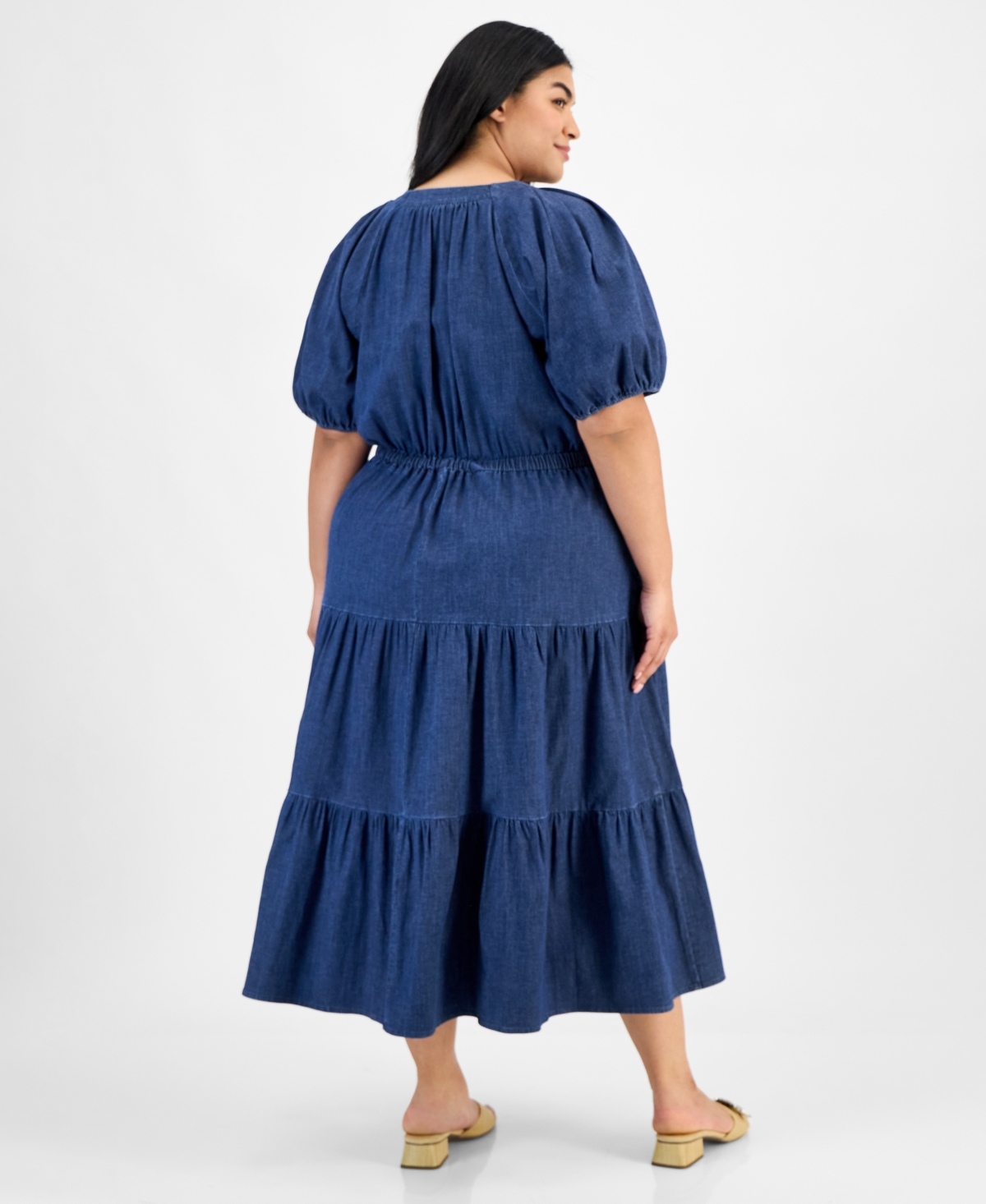 Anne Klein Plus Size Puff-sleeve Tiered Midi Dress In Dark Wash