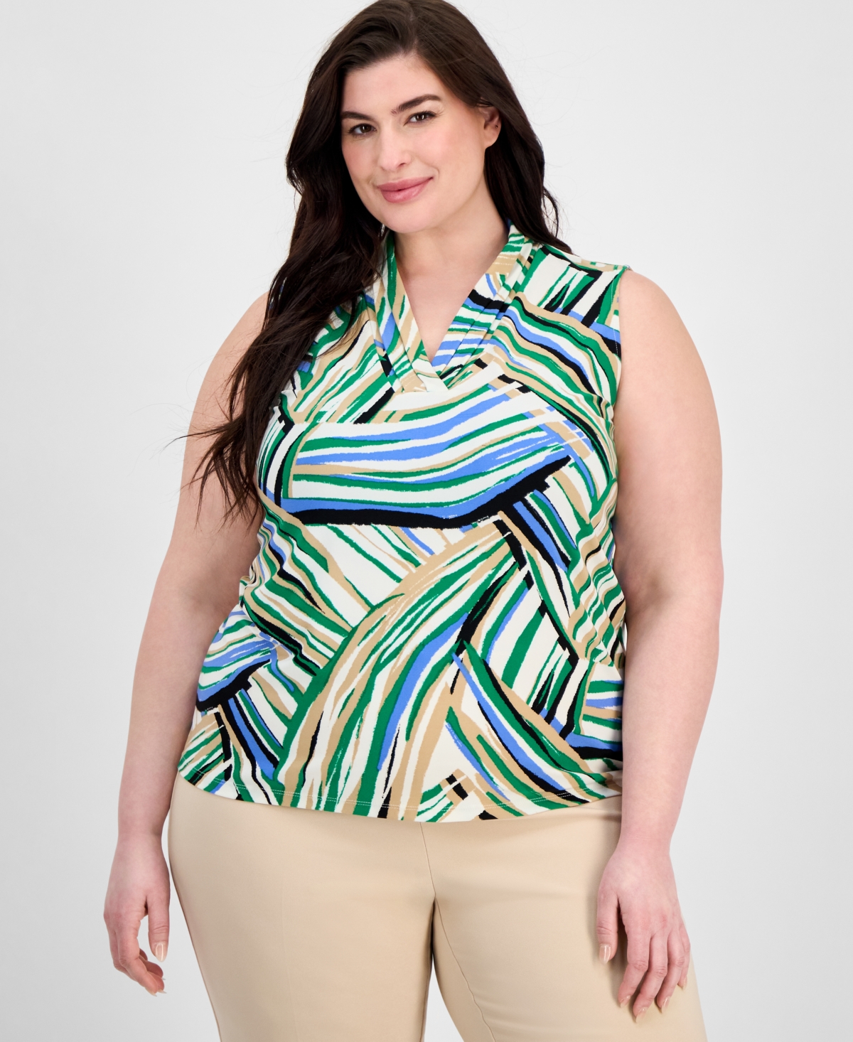 Anne Klein Abstract Print Triple Pleat Sleeveless Top In Green