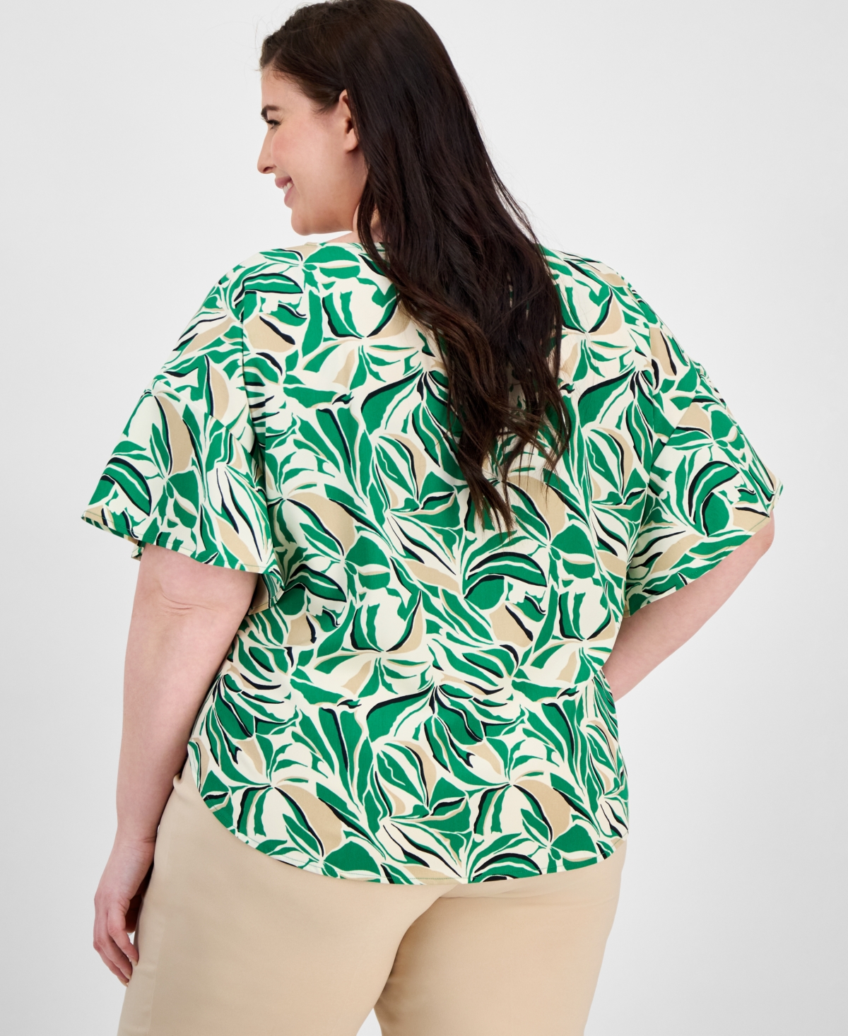Anne Klein Plus Size Printed Flutter-sleeve Blouse