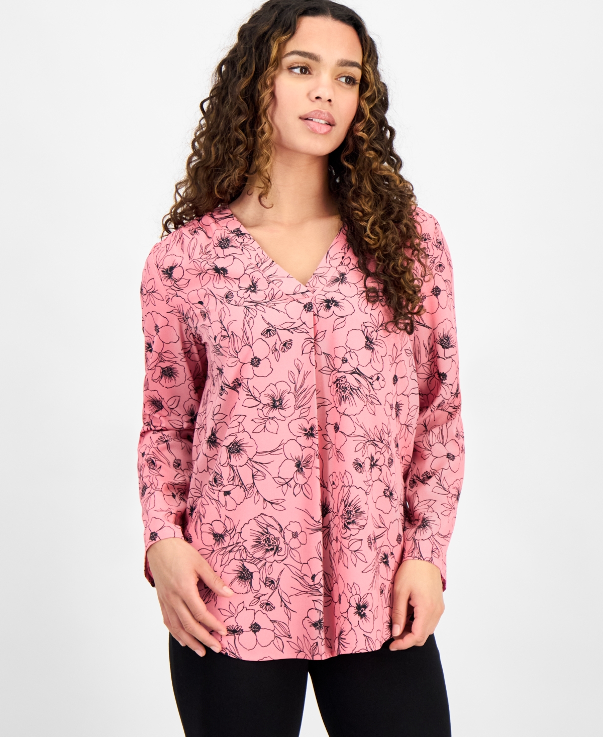 Petite Printed V-Neck Roll-Tab-Sleeve Top - Pink Dahlia/Anne Black