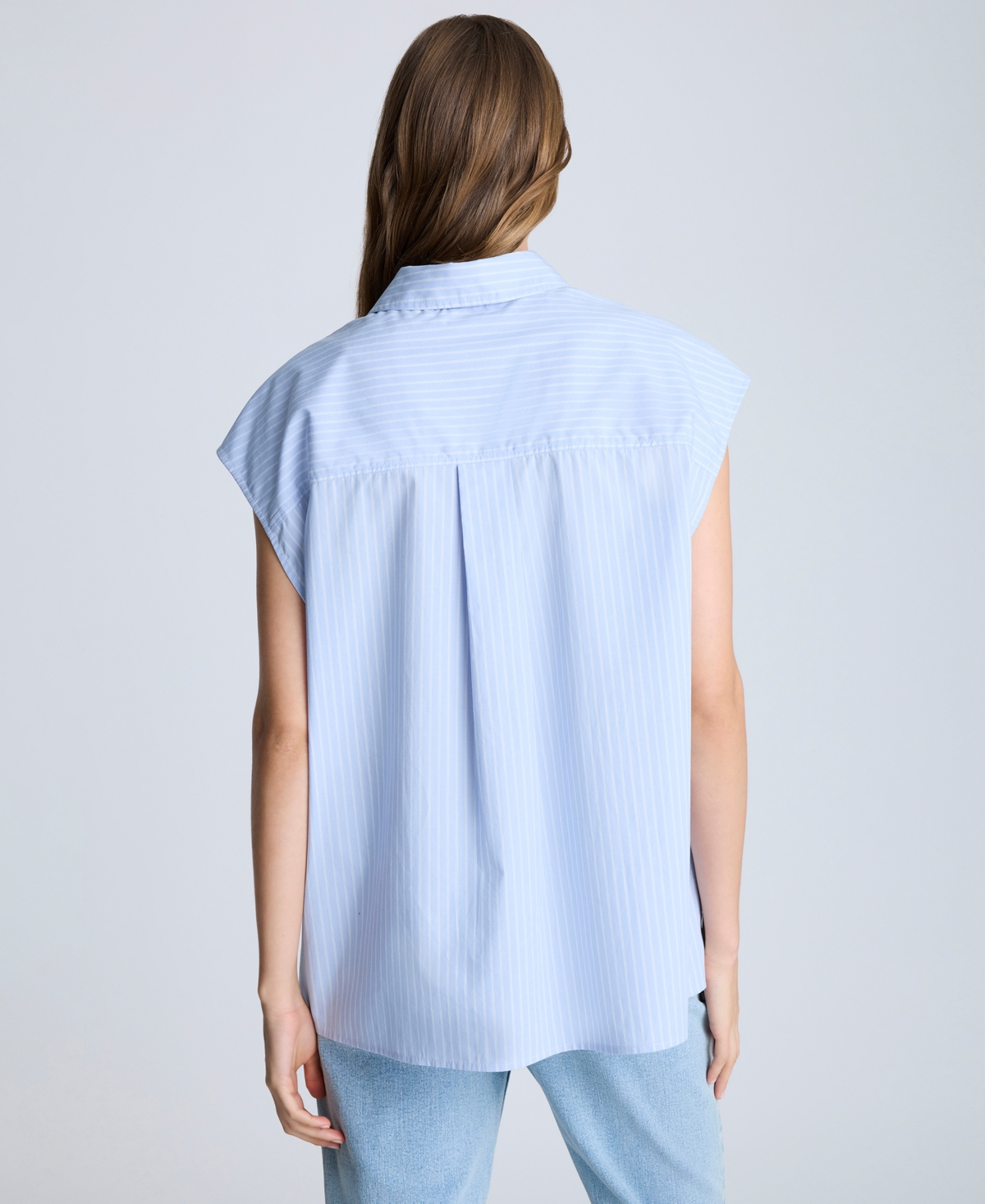 Kenneth Cole Oversize Stripe Cap Sleeve Button-down Shirt In Blue