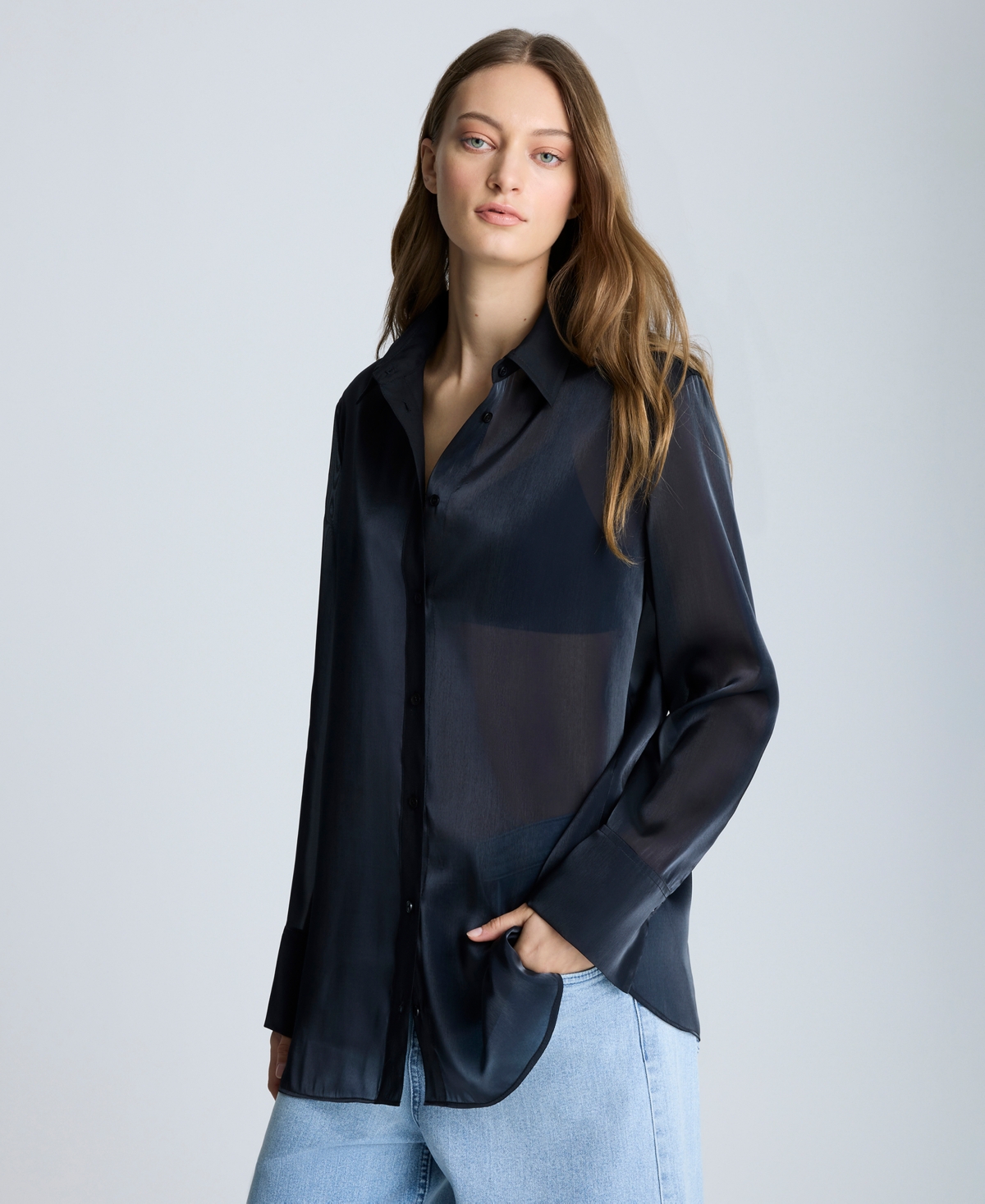 Kenneth Cole Oversized Button Front Long Sleeve Tunic In Black