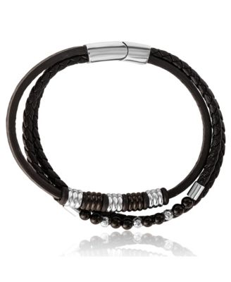 Stainless Steel Triple Row Black Cord Bracelet - 8.25"